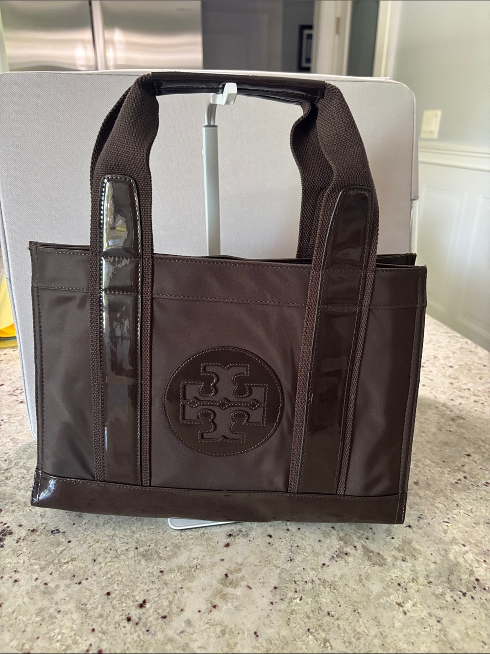 Tory Burch Dark Brown Nylon Messenger Tote with Logo
